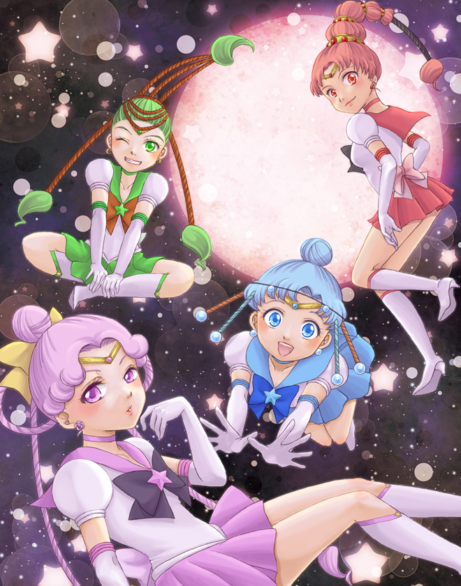 amazoness_quartet bishoujo_senshi_sailor_moon bishoujo_senshi_sailor_moon_stars black_hair blue_hair blue_sailor_collar boots braid brooch brown_hair cerecere_(sailor_moon) circlet crescent crescent_earrings earrings elbow_gloves esuya flower_earrings full_moon gloves green_hair grin hair_bun hair_ribbon hair_rings high_heel_boots high_heels indian_style jewelry junjun_(sailor_moon) knee_boots miniskirt moon multicolored_hair one_eye_closed open_hands open_mouth pallapalla_(sailor_moon) pink_hair pleated_skirt ribbon sailor_ceres sailor_collar sailor_juno sailor_pallas sailor_senshi sailor_vesta single_hair_bun sitting skirt sky smile star_(sky) star_(symbol) star_brooch starry_sky two-tone_hair vesves_(sailor_moon) white_footwear white_gloves