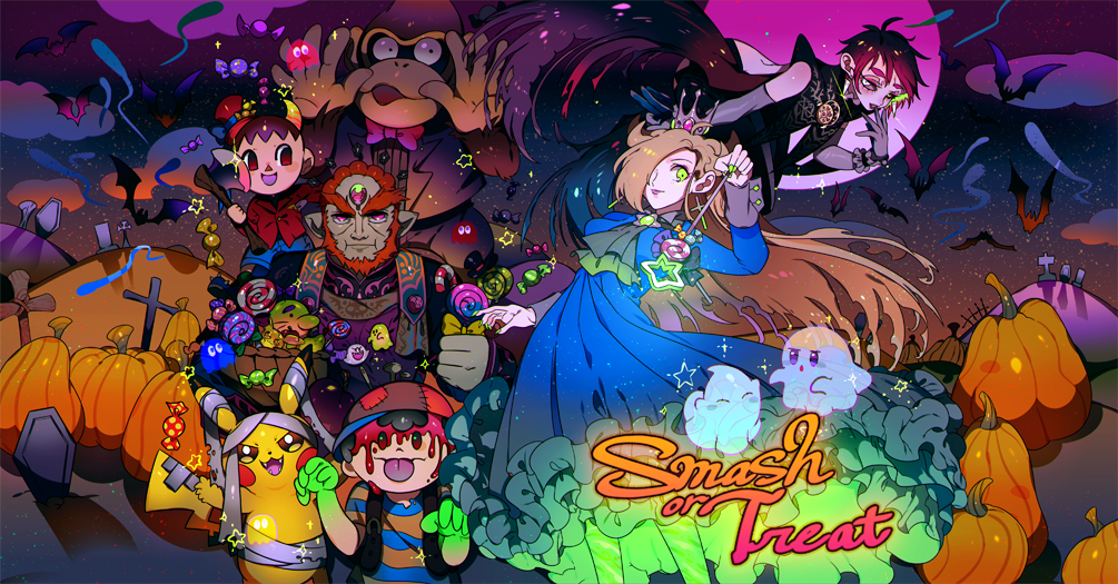 2girls 3boys animal_crossing ascot axe baseball_cap bat_(animal) bayonetta bayonetta_(series) black_hair blinky_(pac-man) blue_dress boo_(mario) brown_hair candy crown donkey_kong donkey_kong_(series) doseisan dress elbow_gloves fake_blood fangs food forehead_jewel full_moon ganondorf gen_1_pokemon ghost gloves graveyard green_eyes hat holding holding_axe holding_candy holding_food holding_lollipop holding_wand inky_(pac-man) lollipop long_hair luma_(mario) mario_(series) moon mother_(series) mother_2 multiple_boys multiple_girls nessa_(pokemon) night nintendo outdoors outstretched_arms pac-man_(game) pikachu pokemon pumpkin shirt star_(symbol) striped_clothes striped_shirt super_smash_bros. swirl_lollipop the_legend_of_zelda thick_eyebrows tombstone very_long_hair villager_(animal_crossing) wand wrapped_candy yasaikakiage zombie_pose