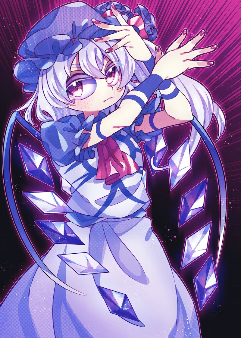 1girl alternate_costume alternate_hair_color alternate_wing_color arm_tattoo arms_up aura bare_arms bare_legs blush blush_stickers body_markings chest_tattoo commission corrupted_file corruption crossover dark_persona dress eyelashes eyeshadow flandre_scarlet glowing glowing_eyes hat hat_ribbon looking_to_the_side makeup markings nail_polish neck_ribbon neck_tattoo orochi_(kof) ponytail possessed possession purple_eyeshadow red_eyes red_nails ribbon rukiko_katushika side_ponytail skeb_commission snk sun tan tan_tattoo tattoo the_king_of_fighters touhou vampire white_dress white_hair white_headwear wings zun