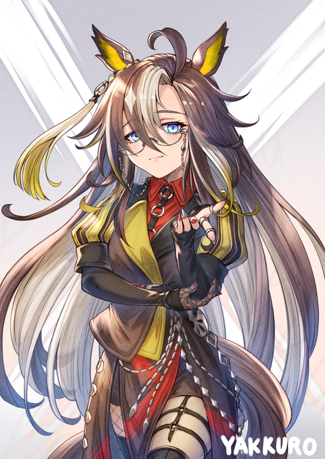 1girl ahoge animal_ears artist_name blue_eyes brown_hair closed_mouth commentary_request cowboy_shot dream_journey_(umamusume) ear_ornament eyewear_strap glasses hair_between_eyes hair_over_one_eye highres horse_ears horse_girl horse_tail jewelry lace lace_sleeves long_hair long_sleeves multicolored_hair multiple_rings puffy_sleeves ring short_sleeves single_hair_intake smile solo standing tail umamusume yakkuro