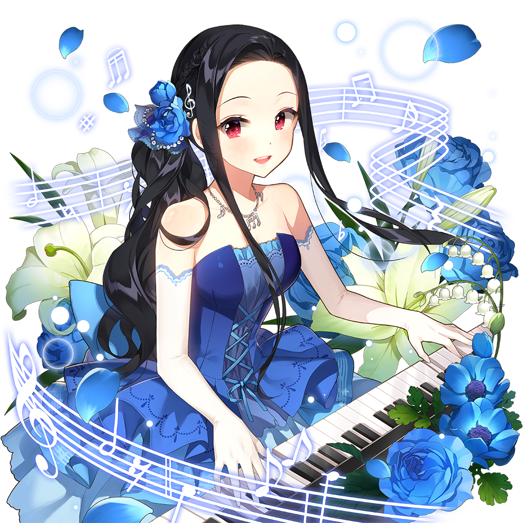 1girl :d album_cover alternate_hairstyle bare_shoulders beamed_eighth_notes black_hair blue_dress blue_flower blue_nails blue_ribbon blue_rose blush breasts clarice_lapis cleavage collarbone cover dated dress earrings eighth_note elbow_gloves flower forehead gem_(symbol) gloves green_flower guitar hair_flower hair_ornament hair_ribbon harp holding holding_instrument instrument jewelry long_hair looking_at_viewer medium_breasts microphone music musical_note necklace open_mouth parted_bangs piano plant playing_instrument ponytail purple_flower quarter_note red_eyes ribbon rose salt_(salty) sidelocks sleeveless sleeveless_dress small_breasts smile solo sparkle strapless strapless_dress transparent_background treble_clef uchi_no_hime-sama_ga_ichiban_kawaii very_long_hair white_background