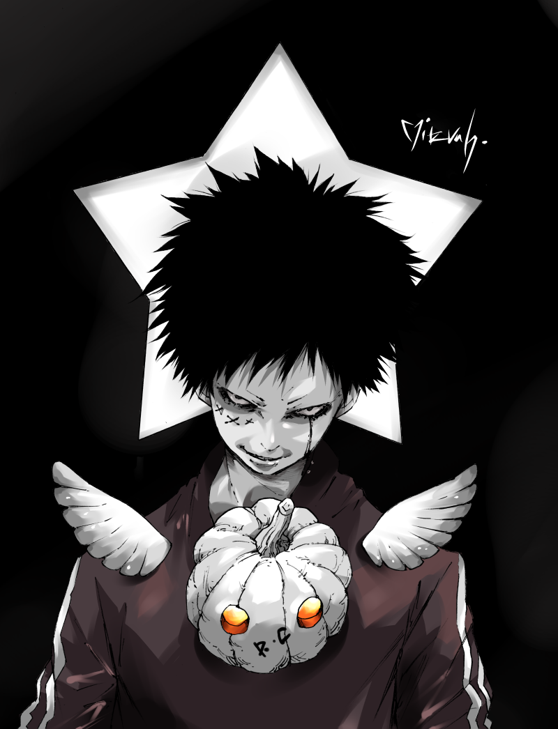 1boy black_background black_eyes black_hair facial_mark looking_at_viewer makkamu original pumpkin short_hair smirk star_(symbol) wings