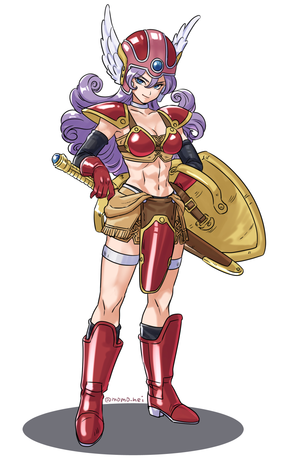 1girl armor bikini_armor blue_eyes boots breasts cleavage dragon_quest dragon_quest_iii elbow_gloves gloves helmet highres long_hair momo_nei navel purple_hair red_armor shield shoulder_armor simple_background solo sword toned toned_female warrior_(dq3) weapon white_background winged_helmet