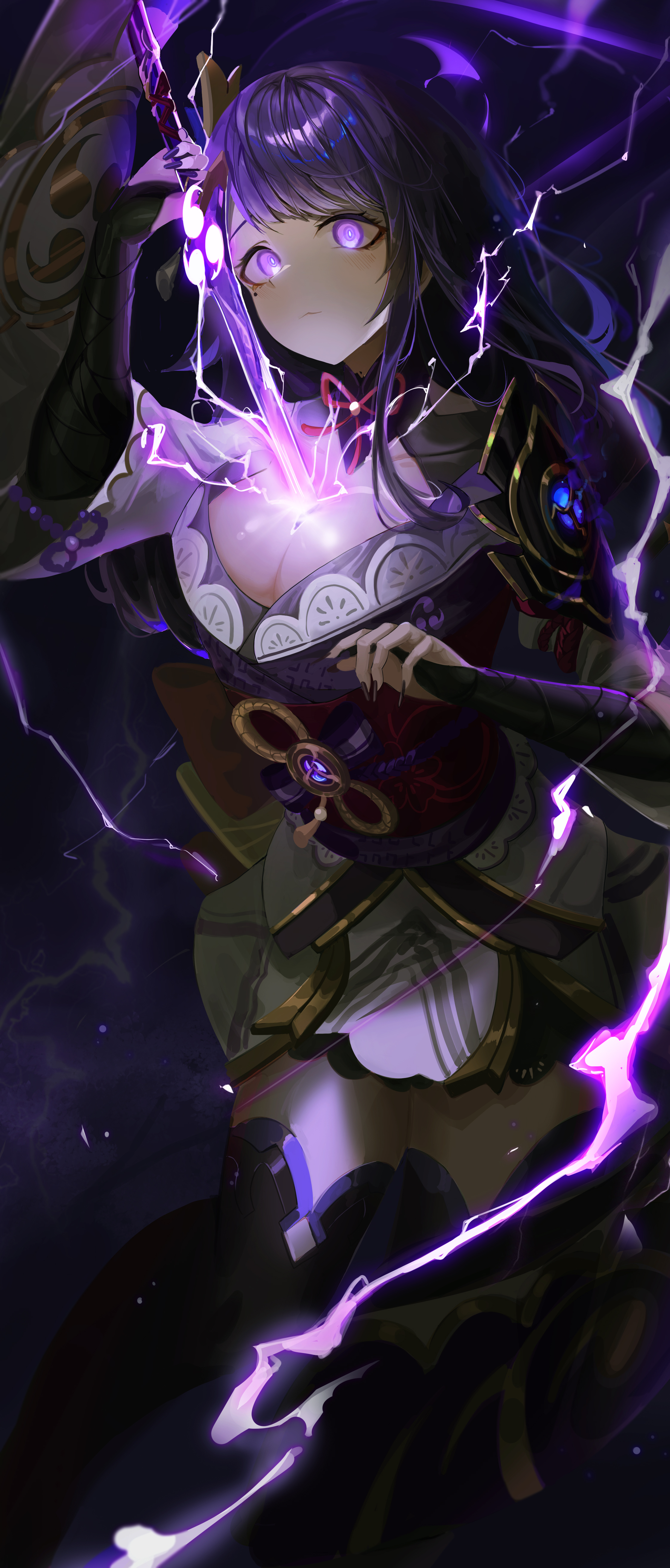 1girl absurdres armor black_gloves black_thighhighs blush bow breasts cleavage closed_mouth commentary_request drawing_sword genshin_impact gloves glowing glowing_eyes glowing_sword glowing_weapon hair_ornament hair_over_breasts hair_over_one_breast highres holding holding_sword holding_weapon human_scabbard japanese_clothes kimono korean_commentary large_breasts light_blush lightning lightning_background long_hair mitsudomoe_(shape) mole mole_under_eye musou_isshin_(genshin_impact) nn11 obi obiage obijime purple_eyes purple_hair raiden_shogun red_bow sash sheath short_sleeves shoulder_armor solo sword tassel tassel_hair_ornament thighhighs tomoe_(symbol) unsheathing weapon
