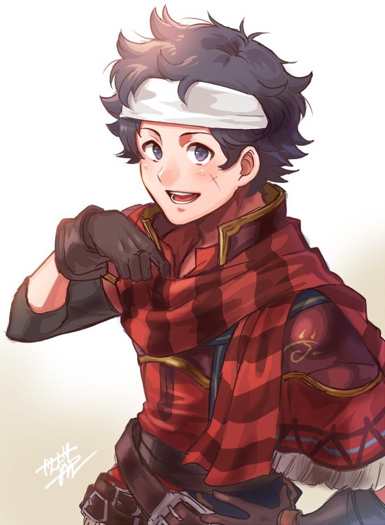 1boy alternate_costume brown_eyes brown_gloves brown_hair cosplay donnel_(fire_emblem) fire_emblem fire_emblem:_mystery_of_the_emblem fire_emblem:_shadow_dragon fire_emblem_awakening fire_emblem_heroes gloves headband jandara_rin jeorge_(fire_emblem) jeorge_(fire_emblem)_(cosplay) looking_at_viewer male_focus nintendo open_mouth scar scar_on_face scarf solo striped_clothes striped_scarf white_headband