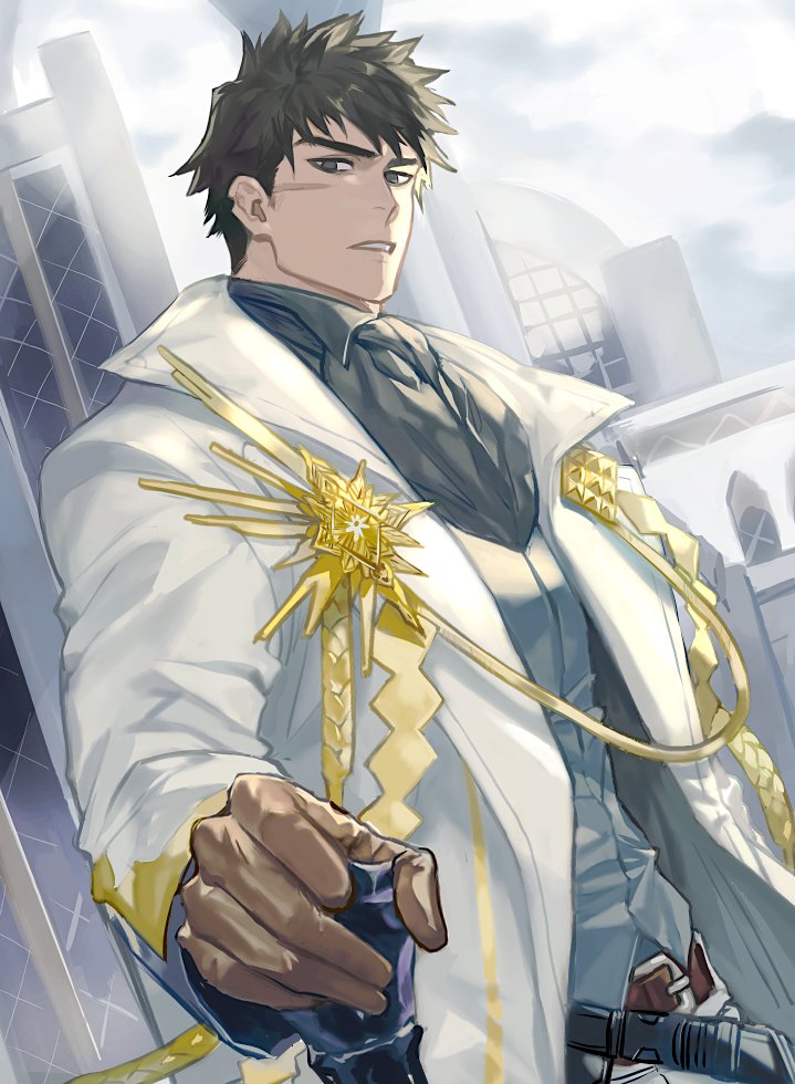 1boy 5_(femfamme) alchemy_stars black_hair black_shirt brown_gloves coat facial_scar gloves grey_vest looking_at_viewer male_focus open_clothes open_coat ornate_clothes pittman_(alchemy_stars) scar scar_on_cheek scar_on_face shirt short_hair solo vest white_coat
