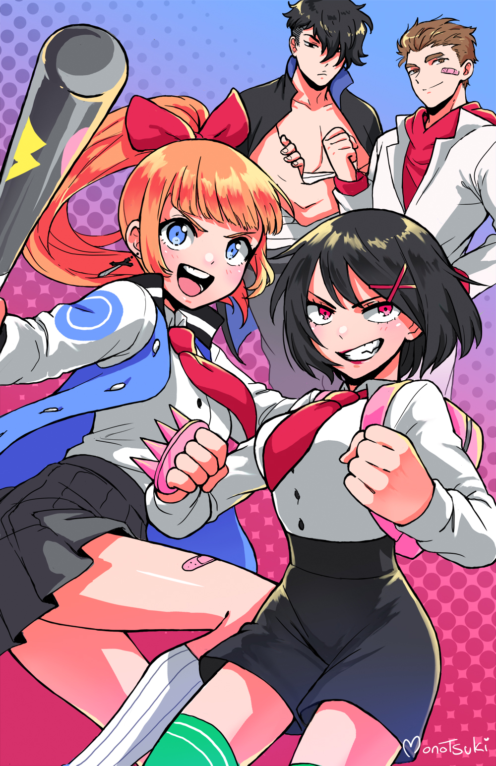 2boys 2girls backpack bag bandaid bandaid_on_face baseball_bat black_hair blue_eyes blush bow breasts brown_hair clenched_hands dithering earrings frown green_legwear hair_ornament hairclip high-waist_shorts highres holding jacket jewelry kneehighs kunio-kun kunio-kun_series kyoko_(kunio-kun) letterman_jacket lipstick long_hair long_sleeves makeup medium_breasts misako_(kunio-kun) monotsuki multiple_boys multiple_girls necktie open_mouth orange_hair pink_bandaid pink_eyes ponytail red_neckwear riki_(kunio-kun) river_city_girls sarashi school_uniform shirt shirt_tucked_in short_hair shorts signature skirt smile socks spiked_knuckles thighhighs white_shirt