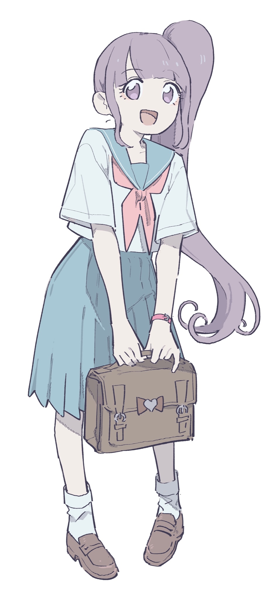 1girl :d bag blue_sailor_collar blue_skirt blunt_bangs bracelet brown_bag full_body highres holding holding_bag jewelry kemura_(puripurinea) loafers long_hair looking_at_viewer manaka_non neckerchief open_mouth pink_neckerchief pleated_skirt pretty_series pripara purple_eyes purple_hair sailor_collar school_uniform serafuku shirt shoes short_sleeves side_ponytail simple_background skirt smile socks solo standing very_long_hair white_background white_shirt white_socks