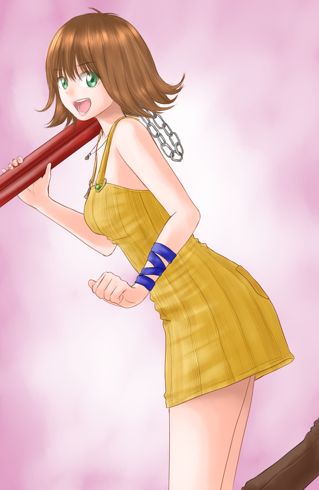 1girl boots breasts brown_hair dress final_fantasy final_fantasy_viii flipped_hair green_eyes highres holding holding_weapon jewelry looking_at_viewer necklace nunchaku open_mouth selphie_tilmitt short_hair skirt smile solo weapon yellow_background yellow_dress