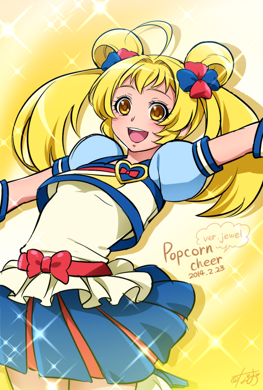 0417nao 10s 1girl 2014 ahoge arm_up bad_id bad_pixiv_id blonde_hair blue_skirt bow brooch character_name cosplay cure_honey cure_honey_(cosplay) cure_honey_(popcorn_cheer) cure_jewel_(0417nao) dated double_bun female_focus hair_bun happinesscharge_precure! heart heart_brooch jewelry magical_girl original precure puffy_sleeves short_hair skirt smile solo twintails waist_bow yellow_background yellow_eyes