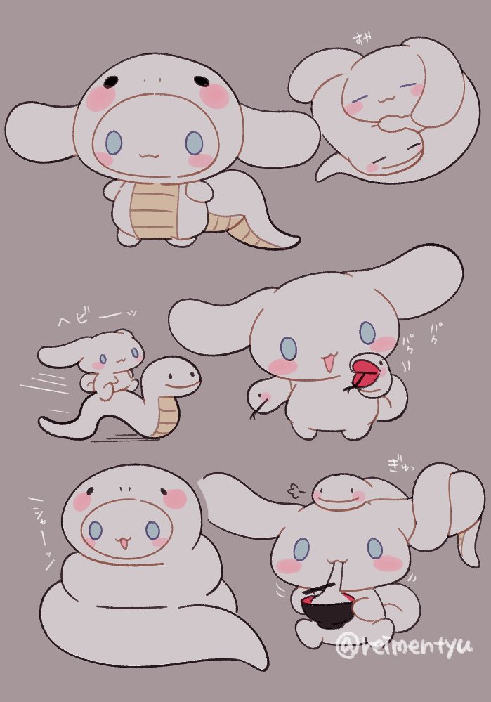 animal_costume blush_stickers bowl chopsticks cinnamoroll eating fuwa_fuwa_cinnamoroll grey_background hand_puppet holding holding_bowl holding_chopsticks motion_lines multiple_views puppet reimentyuru riding riding_animal sanrio simple_background sleeping snake snake_costume