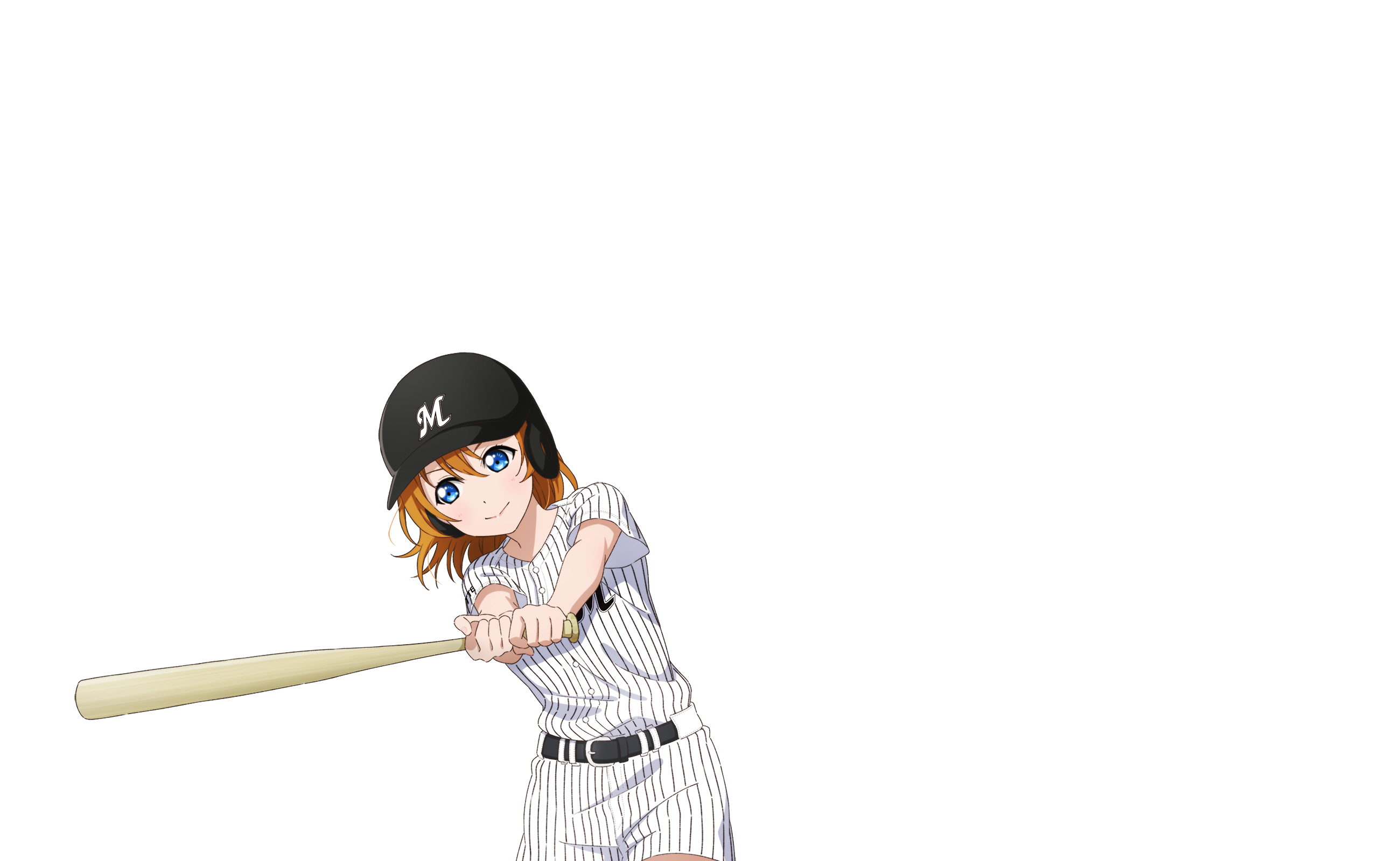 1girl baseball baseball_bat baseball_helmet baseball_uniform belt belt_buckle black_belt black_helmet blue_eyes blush buckle chiba_lotte_marines closed_mouth cowboy_shot helmet highres holding holding_baseball_bat kosaka_honoka looking_at_object looking_to_the_side love_live! love_live!_school_idol_project negative_space nippon_professional_baseball official_art orange_hair outline pants serious shirt short_sleeves shorts solo sportswear standing striped_clothes striped_pants striped_shirt swinging_baseball_bat transparent_background v-shaped_eyebrows vertical-striped_clothes vertical-striped_pants vertical-striped_shirt white_outline white_shirt white_shorts
