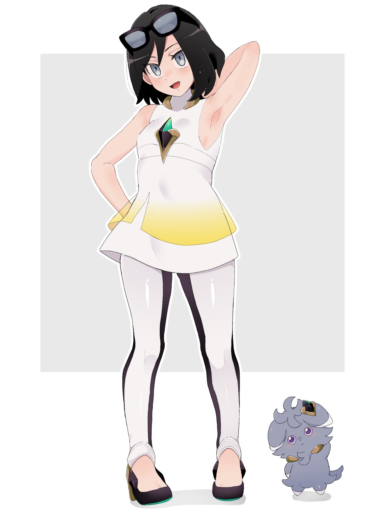 1boy :d arm_behind_head armpits black-framed_eyewear black_hair black_shoes calem_(pokemon) commentary_request cosplay crossdressing dress espurr game_freak gem gen_6_pokemon green_gemstone grey_eyes hand_on_own_hip high_heels highres leggings lusamine_(pokemon) lusamine_(pokemon)_(cosplay) male_focus nintendo open_mouth outline pokemon pokemon_(creature) pokemon_sm pokemon_xy presenting_armpit sana_(37pisana) shoes short_dress short_hair sleeveless sleeveless_dress smile standing sunglasses white_dress white_leggings