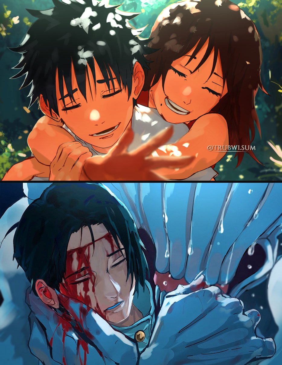 1boy 1girl black_hair blood blood_on_face brown_hair closed_eyes crying day highres hug hug_from_behind jujutsu_kaisen long_hair monster okkotsu_yuuta orimoto_rika outdoors shikigami shirt short_hair smile streaming_tears tears trubwlsum twitter_username white_shirt