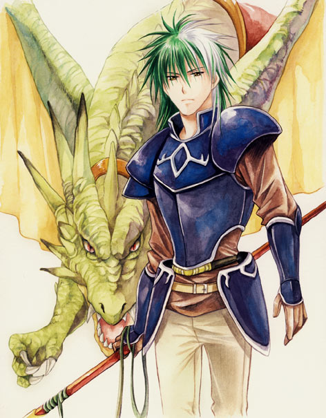 1boy agahari armor belt claws dragon fang fangs fire_emblem fire_emblem:_the_blazing_blade gauntlets gloves green_hair heath_(fire_emblem) lance male_focus multicolored_hair nintendo open_mouth polearm red_eyes serious short_hair solo spear traditional_media two-tone_hair weapon white_hair wings wyvern wyvern_rider yellow_eyes