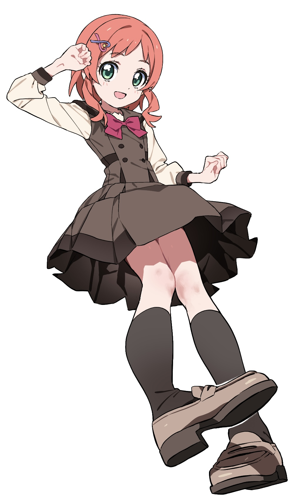 1girl :d aqua_eyes bow bowtie buttons double-breasted full_body hair_ornament hairclip highres hiji_rida inukai_iroha kneehighs loafers long_sleeves open_mouth orange_hair pleated_skirt precure sailor_collar school_uniform shirt shoes short_bangs short_hair short_hair_with_long_locks simple_background skirt smile socks solo white_background wonderful_precure!
