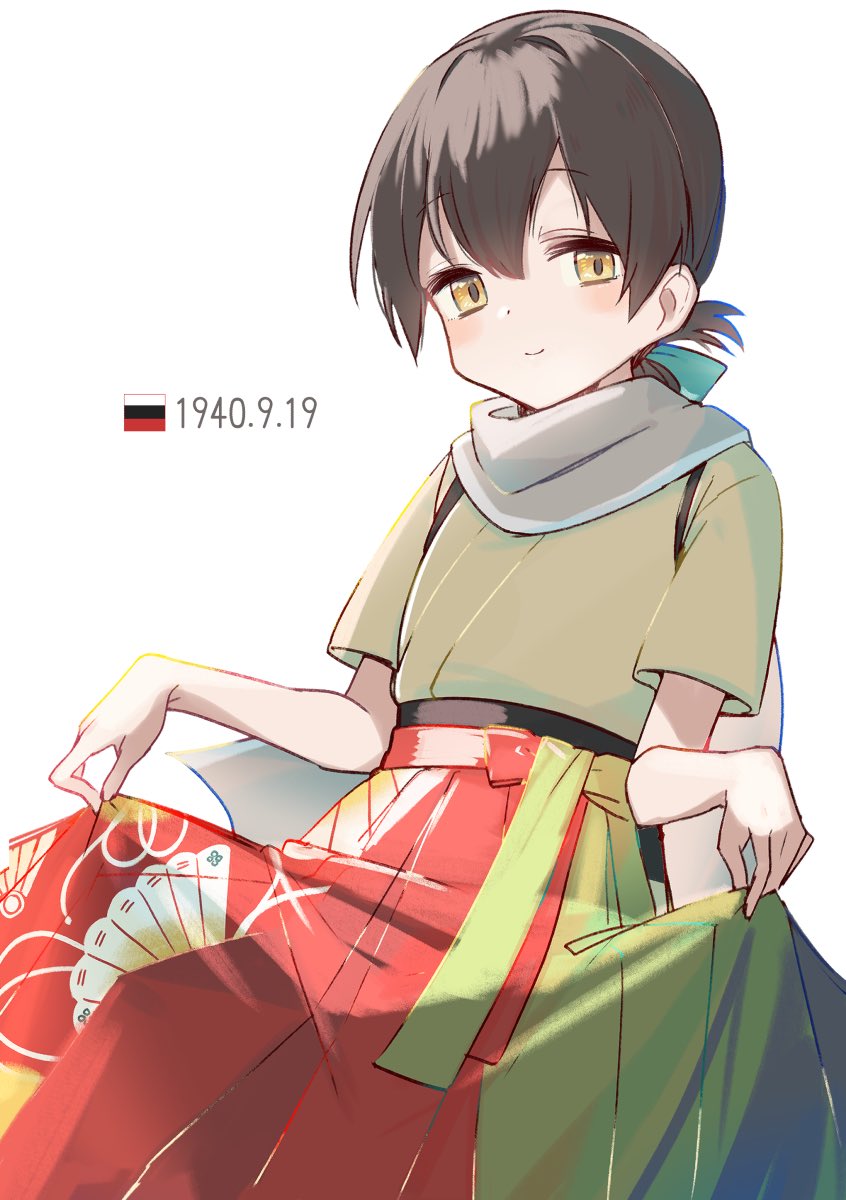 1girl black_hair blue_ribbon brown_eyes dated folded_ponytail hair_ribbon hakama_hold highres kantai_collection kasuga_maru_(kancolle) long_hair multicolored_clothes ribbon scarf simple_background solo swept_bangs taiyou_(kancolle) white_background white_scarf yamashichi_(mtseven)