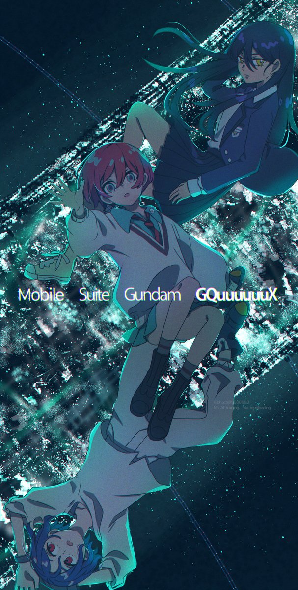 1boy 1girl 2girls amate_yuzuriha aqua_eyes bhachi88888888 black_hair blue_hair collared_shirt colony_interior full_body gundam gundam_gquuuuuux highres jacket long_hair long_sleeves looking_at_viewer midair multiple_girls necktie night night_sky nyaan_(gundam_gquuuuuux) open_mouth red_eyes red_hair school_uniform shirt short_hair shuji_ito skirt sky space space_habitat star_(sky) sweater white_shirt yellow_eyes zero_gravity