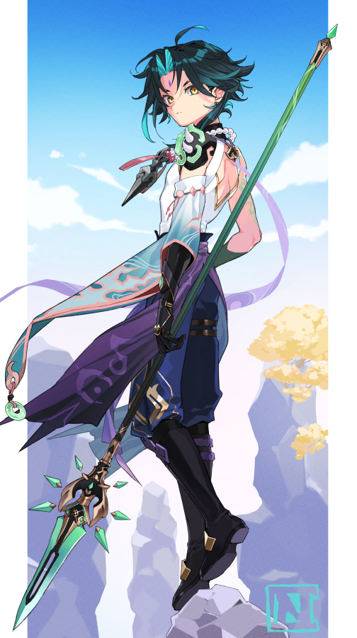 1boy ahoge aqua_hair arm_tattoo asymmetrical_gloves back_cutout bead_necklace beads black_boots black_gloves blue_pants blue_sky boots cape choco_c14 closed_mouth clothing_cutout cloud day detached_sleeves eyeliner facial_mark forehead_mark from_behind full_body genshin_impact gloves green_gloves green_hair holding holding_polearm holding_weapon jewelry looking_at_viewer looking_back makeup male_focus mismatched_gloves mountain multicolored_hair necklace outdoors pants parted_bangs polearm primordial_jade_winged-spear_(genshin_impact) purple_cape red_eyeliner serious shirt short_hair shoulder_spikes sidelocks single_detached_sleeve sky sleeveless sleeveless_shirt solo spikes standing streaked_hair tassel tattoo thigh_strap tree v-shaped_eyebrows vision_(genshin_impact) weapon white_shirt wide_sleeves xiao_(genshin_impact) yellow_eyes
