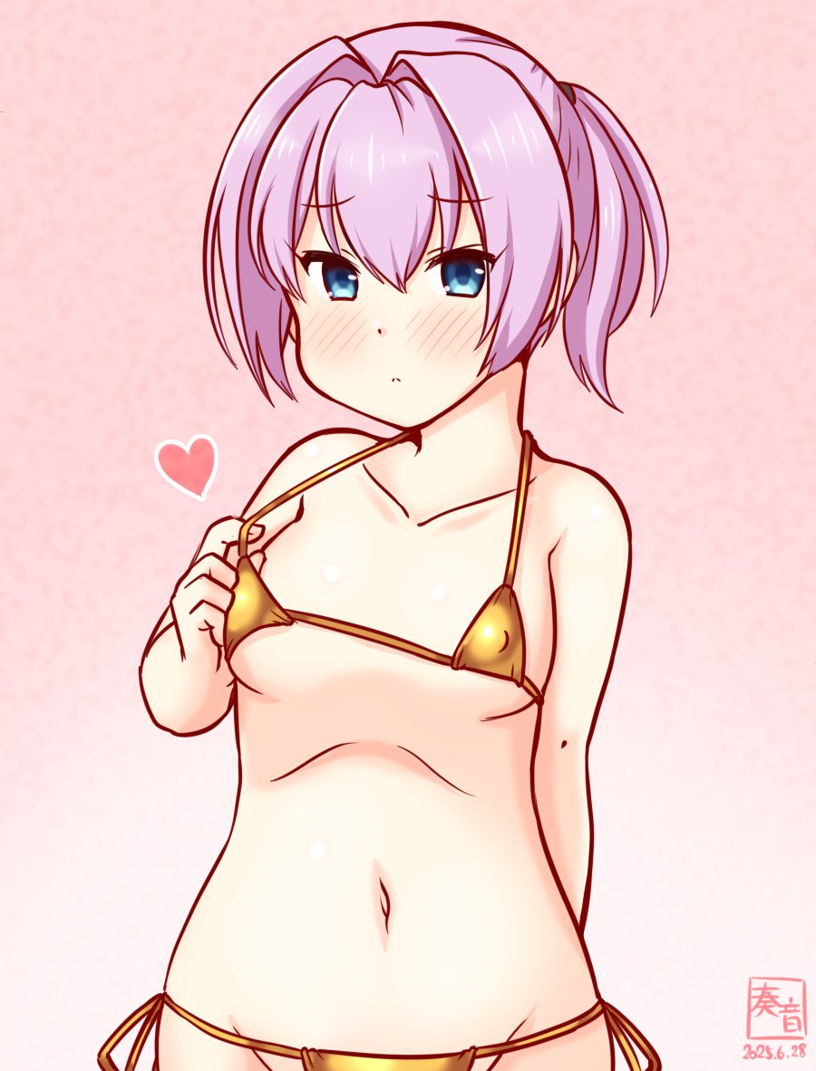1girl alternate_costume artist_logo bikini blue_eyes breasts covered_erect_nipples dated gold_bikini gradient_background hair_intakes kanon_(kurogane_knights) kantai_collection logo micro_bikini one-hour_drawing_challenge pink_background pink_hair ponytail shiranui_(kancolle) short_hair side-tie_bikini_bottom small_breasts solo swimsuit