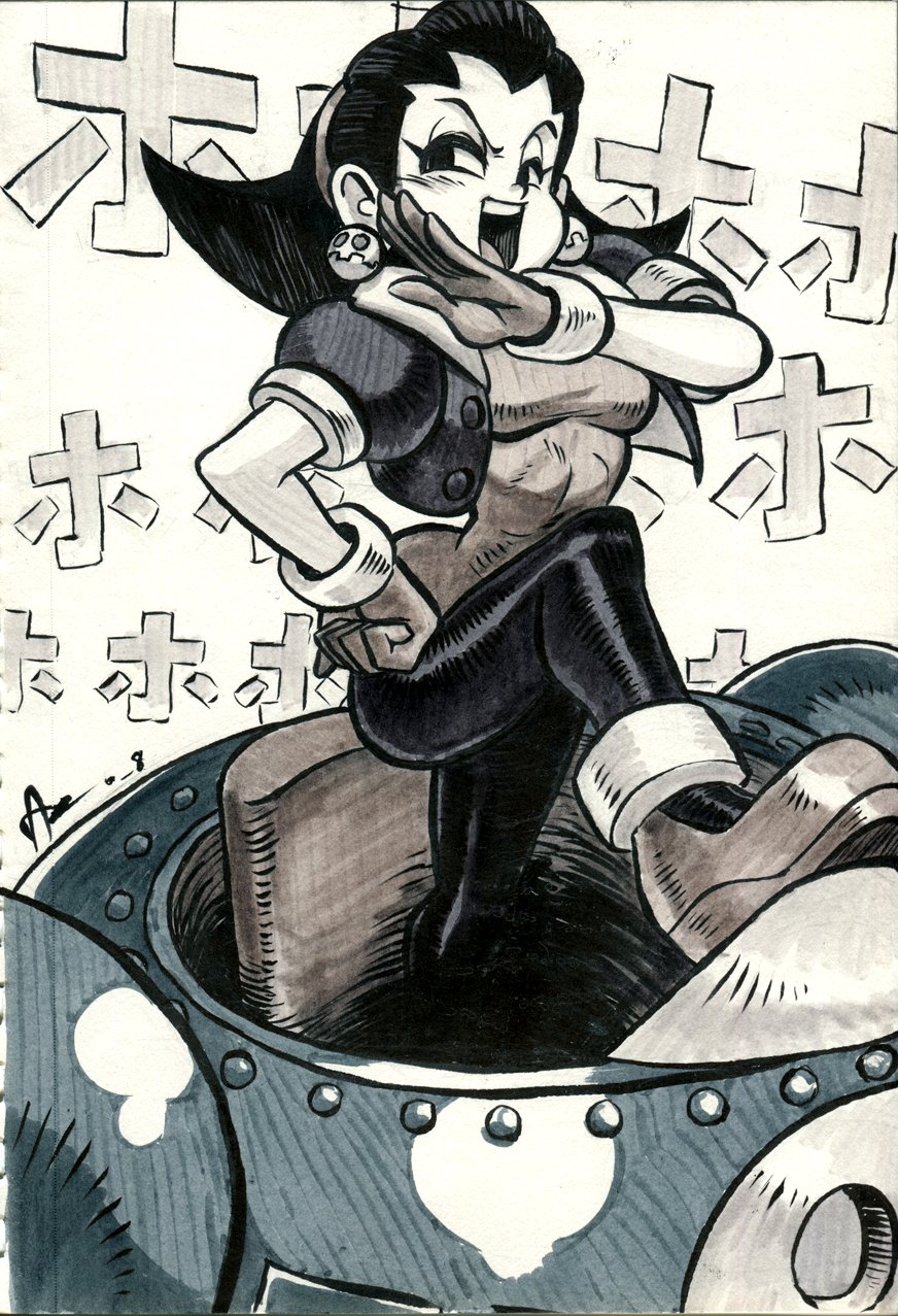 1girl alex_ahad breasts brown_hair capcom crotch_plate earrings female_focus full_body gloves hair_ornament hair_pulled_back hair_slicked_back highres jewelry laughing marvel_vs._capcom mega_man_(series) mega_man_legends_(series) mega_man_legends_3 ojou-sama_pose open_mouth robot shirt short_hair skull smile smug solo tron tron_bonne_(mega_man)