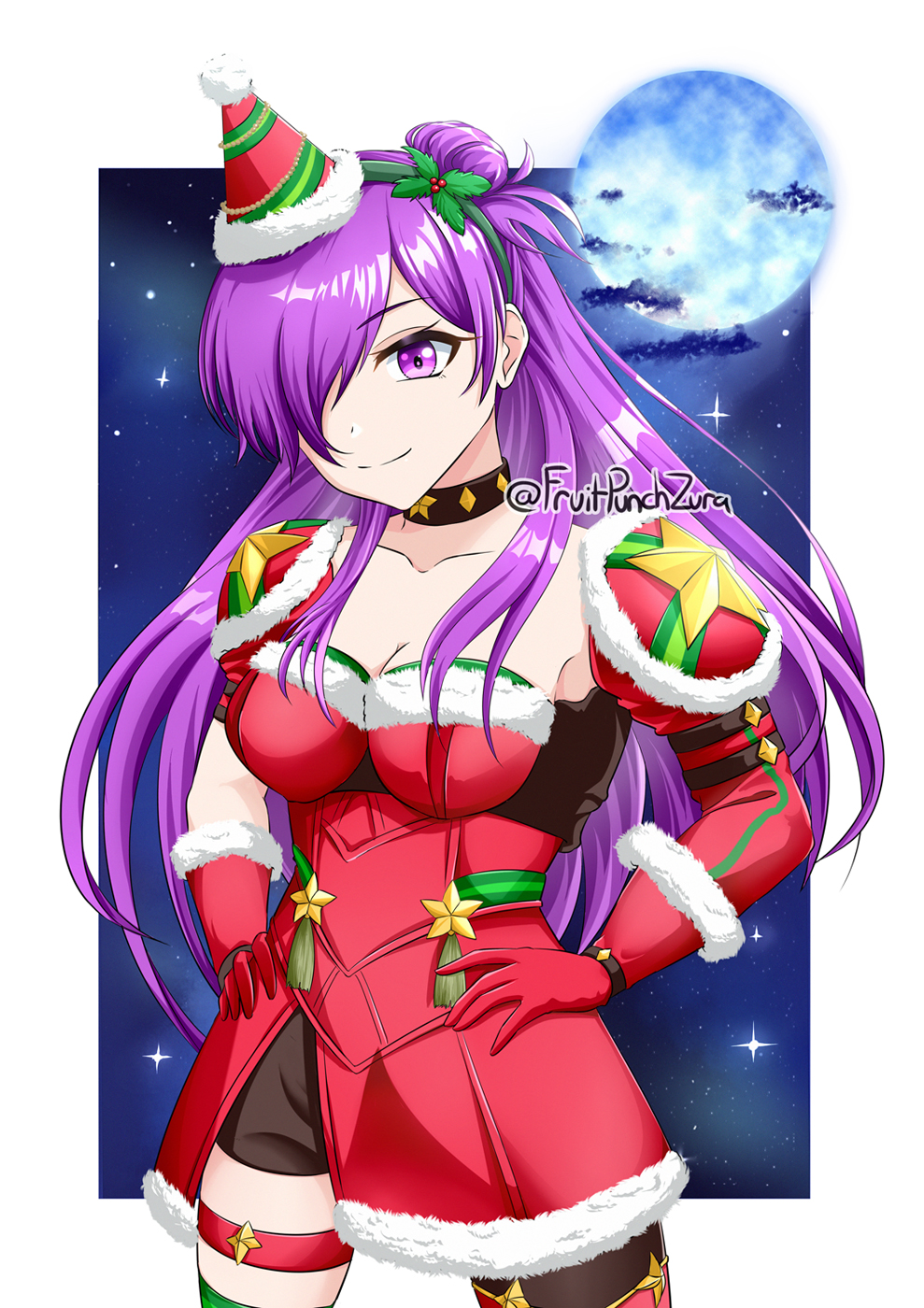1girl alternate_costume breasts choker christmas cleavage dress female_shez_(fire_emblem) fire_emblem fire_emblem:_three_houses fire_emblem_warriors:_three_hopes fruitpunchzura fur_trim highres medium_breasts moon nintendo purple_eyes purple_hair red_dress santa_costume solo