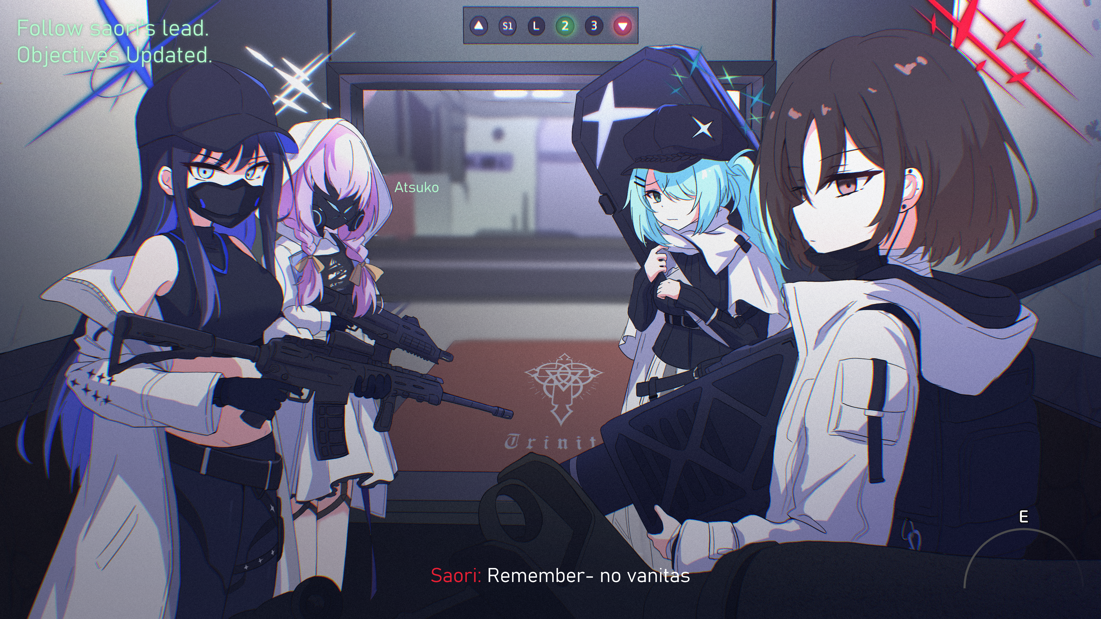 4girls absurdres assault_rifle atsuko_(blue_archive) baseball_cap black_gloves black_hair black_hat black_pants black_shirt black_sweater blue_archive blue_hair blue_halo blurry braid breasts brown_eyes brown_hair bulletproof_vest cabbie_hat call_of_duty call_of_duty:_modern_warfare_2 coat colored_inner_hair commentary commentary_request covered_face crop_top cz_scorpion_evo_3 depth_of_field elevator english_commentary english_text fim-92_stinger gas_mask gloves green_eyes green_hair grey_eyes gun hair_ornament hair_over_one_eye hairclip halo hat highres hiyori_(blue_archive) holding holding_gun holding_rocket_launcher holding_weapon hood hood_down hood_up hooded_jacket indoors jacket kiroshi korean_commentary long_hair long_sleeves looking_at_viewer mask medium_breasts meme misaki_(blue_archive) mixed-language_commentary mouth_mask multicolored_hair multiple_girls no_russian_(meme) open_clothes open_coat open_jacket pants pink_hair ponytail pov red_halo rifle rocket_launcher saori_(blue_archive) scarf shirt short_hair sig_516 skirt sleeveless sleeveless_shirt submachine_gun surgical_mask sweater trinity_general_school_logo twin_braids user_interface weapon weapon_case white_coat white_day white_halo white_jacket white_scarf white_skirt