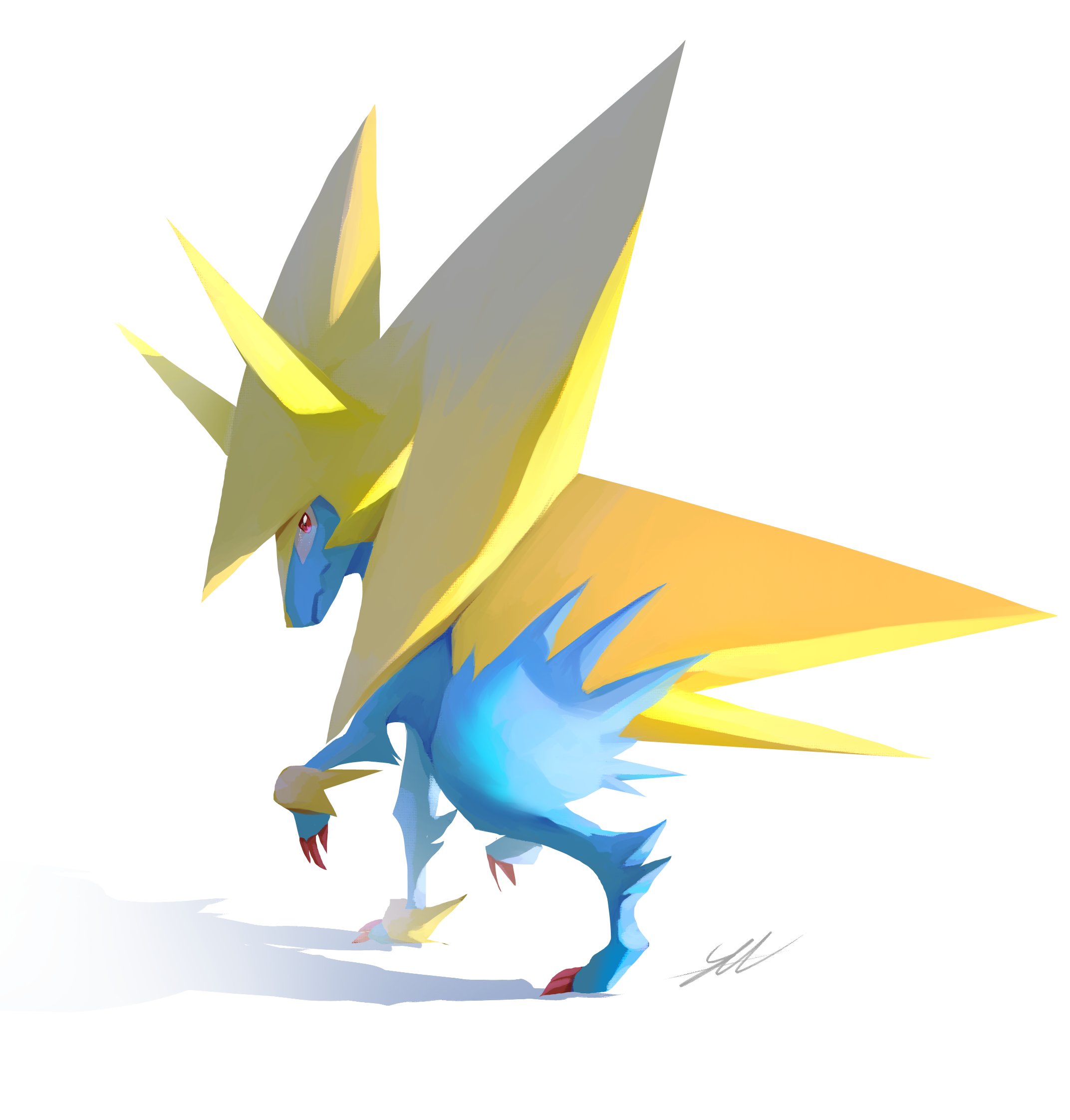 animal_focus closed_mouth commentary full_body gen_3_pokemon highres likey looking_back manectric mega_manectric mega_pokemon nintendo no_humans pokemon pokemon_(creature) red_eyes signature solo spikes standing