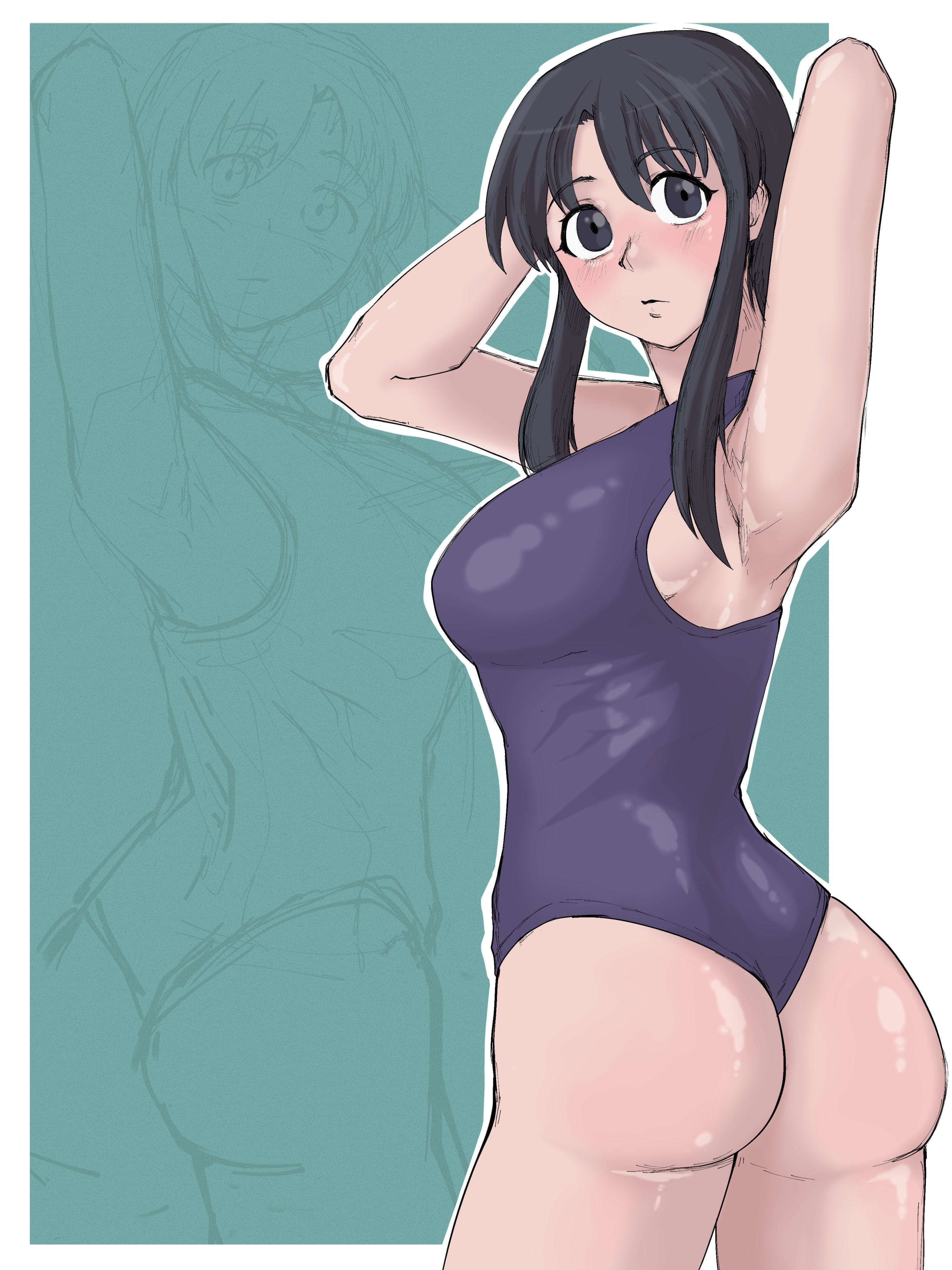 1girl absurdres ameh_li ass azumanga_daiou bad_id bad_twitter_id black_hair blue_one-piece_swimsuit blush breasts closed_mouth female_focus from_behind grey_eyes highres kurosawa_minamo looking_at_viewer one-piece_swimsuit short_hair sidelocks solo swimsuit