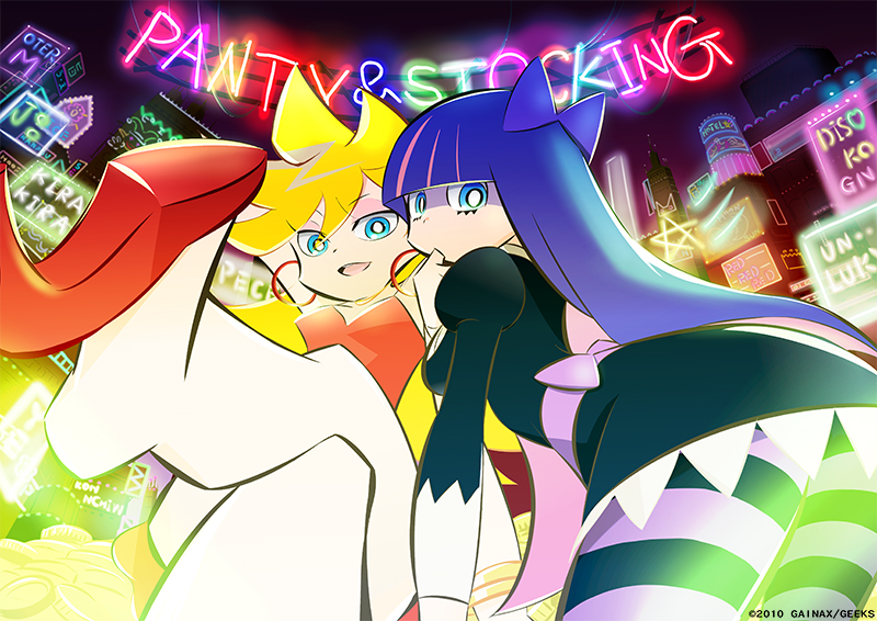 10s 2girls artist_request blonde_hair blue_eyes bow city crossed_legs dress earrings feet foot_focus foreshortening gainaxtop hair_bow jewelry leggings long_hair multicolored_hair multiple_girls neon_lights official_art panty_&amp;_stocking_with_garterbelt panty_(psg) red_dress shoe_dangle siblings sisters sitting soles stocking_(psg) striped_clothes striped_legwear striped_thighhighs thighhighs two-tone_hair