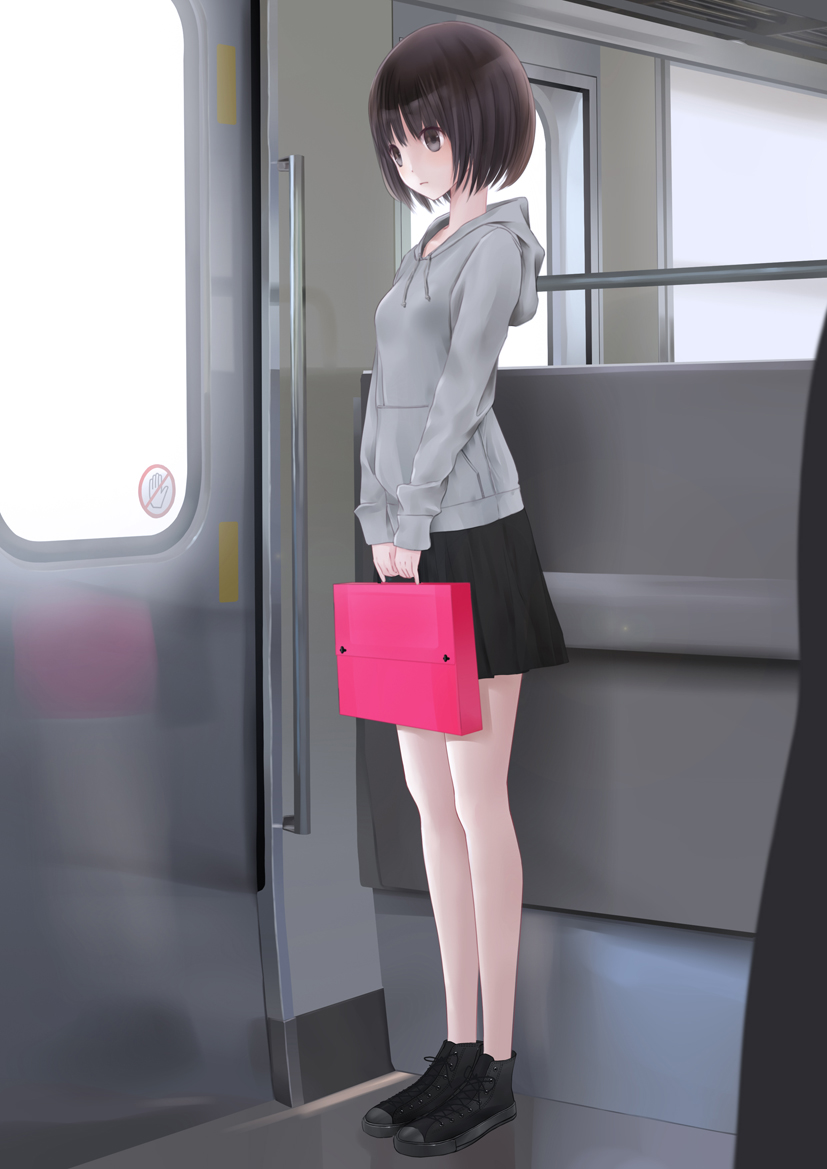 1girl bad_id bad_pixiv_id barefoot black_eyes black_hair black_skirt chikuwa_(glossymmmk) chikuwa_(odennabe) closed_mouth female_focus full_body hood hooded_sweater school_uniform shoes short_hair skirt sneakers solo standing sweater thighhighs train train_interior