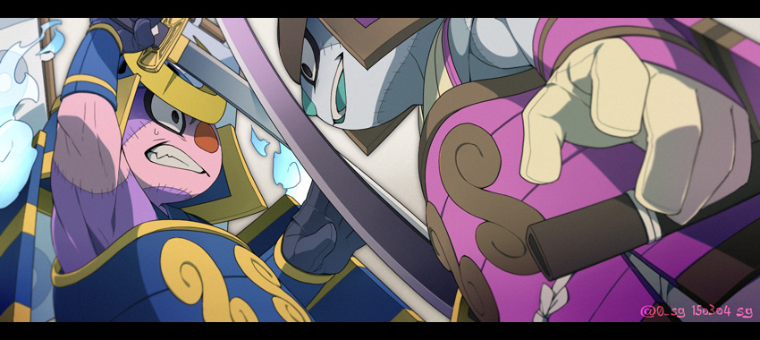 10s 2boys armor artist_name banner clenched_teeth dated genma_shougun gloves helmet japanese_armor kabuto_(helmet) katana letterboxed male_focus multiple_boys open_mouth sashimono sg_(suuchan) sheath shoulder_armor sode sword teeth traditional_youkai twitter_username weapon yomi_gensui youkai_watch