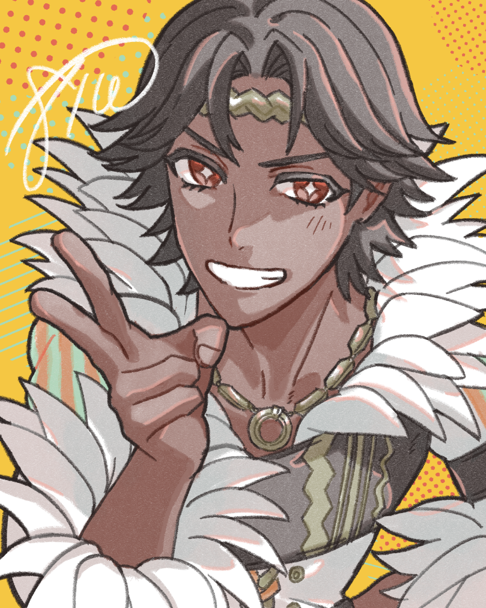 1boy batoson54 brown_eyes brown_hair circlet dark-skinned_male dark_skin feather_collar fire_emblem fire_emblem_engage fogado_(fire_emblem) gold_circlet gold_necklace highres jewelry looking_at_viewer male_focus necklace nintendo prince short_hair smile star-shaped_pupils star_(symbol) symbol-shaped_pupils