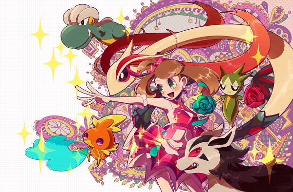 bagon brown_hair earrings gen_3_pokemon green_eyes jewelry may_(contest)_(pokemon) may_(pokemon) may_(pokemon_oras) midriff mightyena milotic nintendo open_mouth pokemon pokemon_(creature) pokemon_oras ribbon roselia_(pokemon) skirt smile sparkle torchic