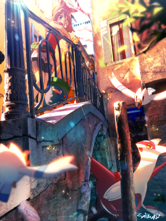 1girl bike_shorts blue_eyes blush bridge brown_hair commentary_request day eyelashes fence gen_3_pokemon hairband latias leaning_forward legendary_pokemon lotad may_(pokemon) medium_hair naru_(andante) nintendo outdoors pokemon pokemon_(creature) pokemon_oras red_hairband red_shirt shirt shoes shorts signature sleeveless sleeveless_shirt smile standing window wingull