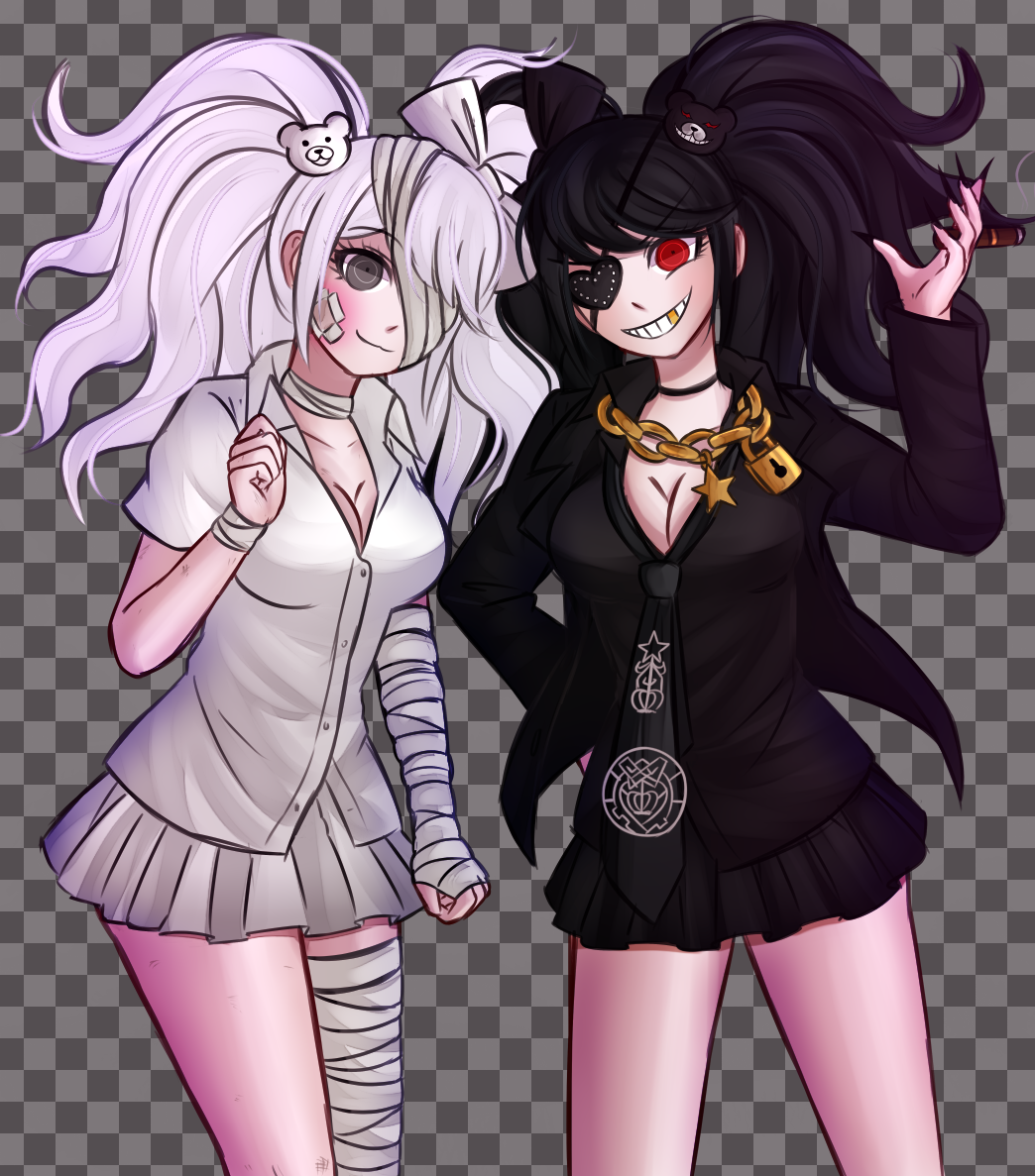 10s 2girls black_hair danganronpa_(series) enoshima_junko kurokuma_(danganronpa) multiple_girls personification shirokuma_(danganronpa) twintails white_hair