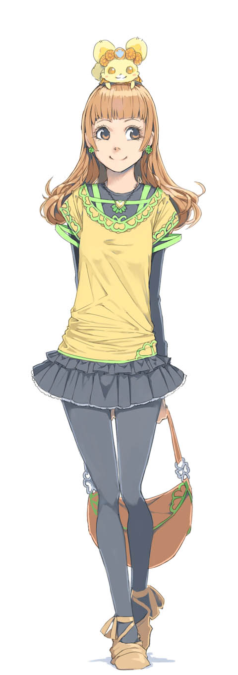 1girl akinbo_(hyouka_fuyou) animal bad_id bad_pixiv_id bag black_pantyhose brown_eyes brown_hair dokidoki!_precure earrings full_body hair_down handbag highres jewelry long_hair necklace pantyhose precure rance_(dokidoki!_precure) skirt smile yotsuba_alice