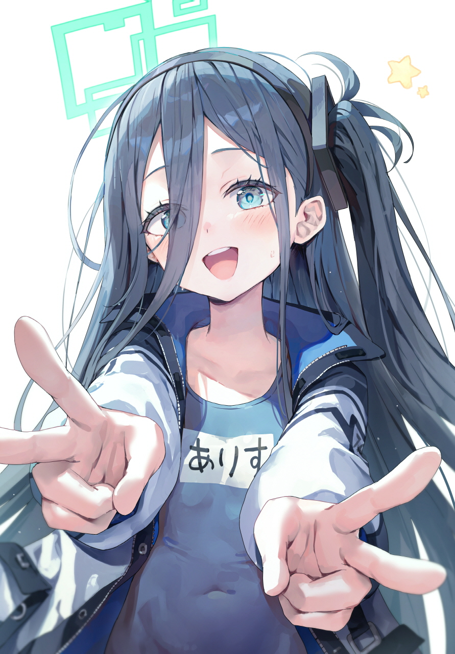 1girl :d aris_(blue_archive) black_hair blue_archive blue_eyes blue_halo blush collarbone covered_navel double_v eyes_visible_through_hair halo highres huwari_(dnwls3010) jacket long_bangs long_hair one_side_up open_mouth school_swimsuit smile star_(symbol) sweat swimsuit v white_jacket