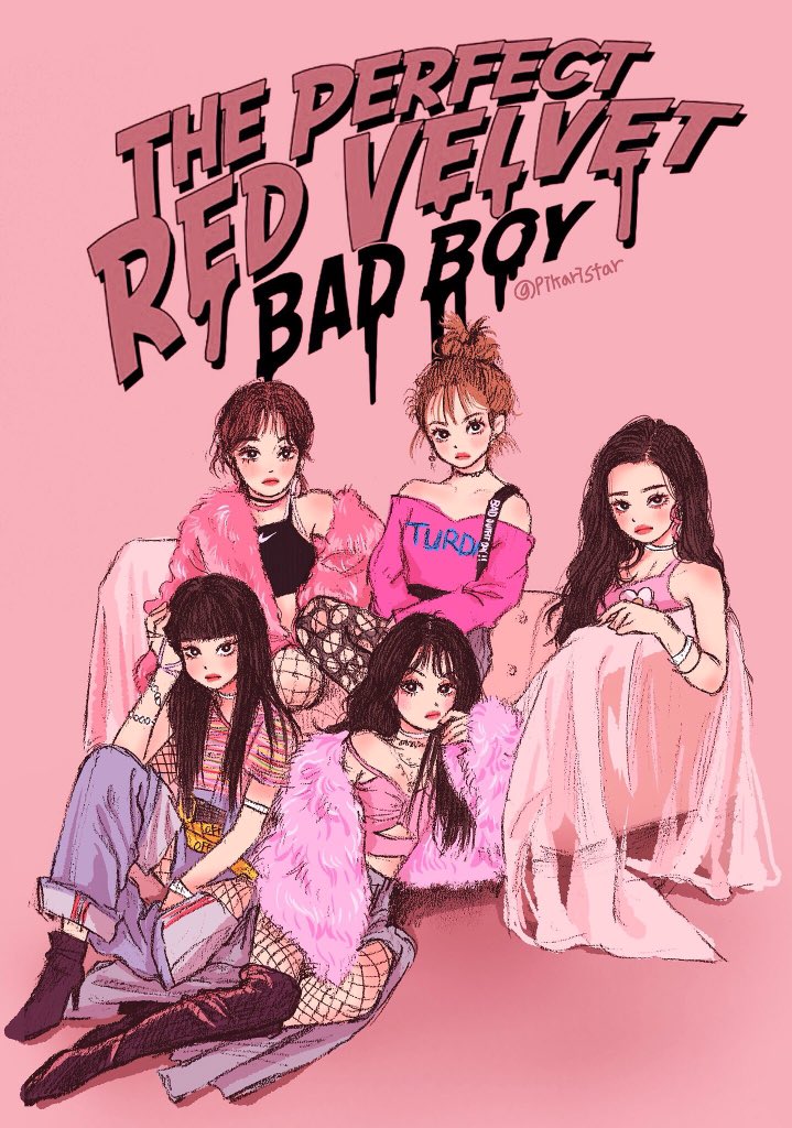 5girls album_name black_hair blunt_bangs boots brown_hair choker coat commentary earrings full_body hair_bun irene_(red_velvet) jewelry joy_(red_velvet) k-pop long_hair multiple_girls pikaristar pink_background pink_coat pink_theme real_life red_velvet_(group) seulgi_(red_velvet) shirt simple_background sitting song_name t-shirt thigh_boots twitter_username wendy_(red_velvet) yeri_(red_velvet)