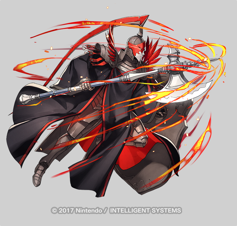 1other ambiguous_gender armor armored_boots axe boots copyright_notice dai-xt feathers fire fire_emblem fire_emblem:_three_houses fire_emblem_heroes flame_emperor full_body gloves glowing glowing_eyes grey_background helmet mask nintendo official_art other_focus red_eyes shield solo