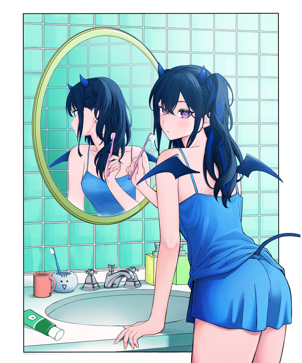 1girl alternate_costume bare_shoulders blue_camisole blue_horns blue_shorts border camisole cowboy_shot cup double-parted_bangs hair_between_eyes highres holding holding_toothbrush horns ichinose_uruha long_hair looking_back lupinus_virtual_games mirror mug multicolored_hair outside_border purple_eyes reflection shorts sink small_horns solo spaghetti_strap streaked_hair tail tile_wall tiles toothbrush toothpaste two_side_up uwanosora000 virtual_youtuber vspo! white_border wings