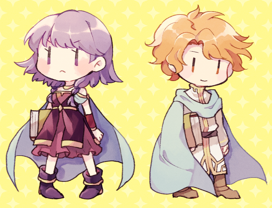 1boy 1girl artur_(fire_emblem) bad_id bad_pixiv_id blush_stickers book boots braid chibi cloak couple dress fire_emblem fire_emblem:_the_sacred_stones full_body hetero lute_(fire_emblem) nintendo orange_eyes orange_hair purple_eyes purple_hair robe short_hair simple_background sparkle_background sushitarou twintails wristband yellow_background