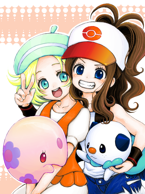 10s 2girls baseball_cap bianca_(pokemon) blonde_hair blue_eyes brown_hair gen_5_pokemon green_eyes hat hilda_(pokemon) mariemon multiple_girls munna nintendo oshawott pokemon pokemon_(creature) pokemon_bw ponytail sabakan smile tegaki