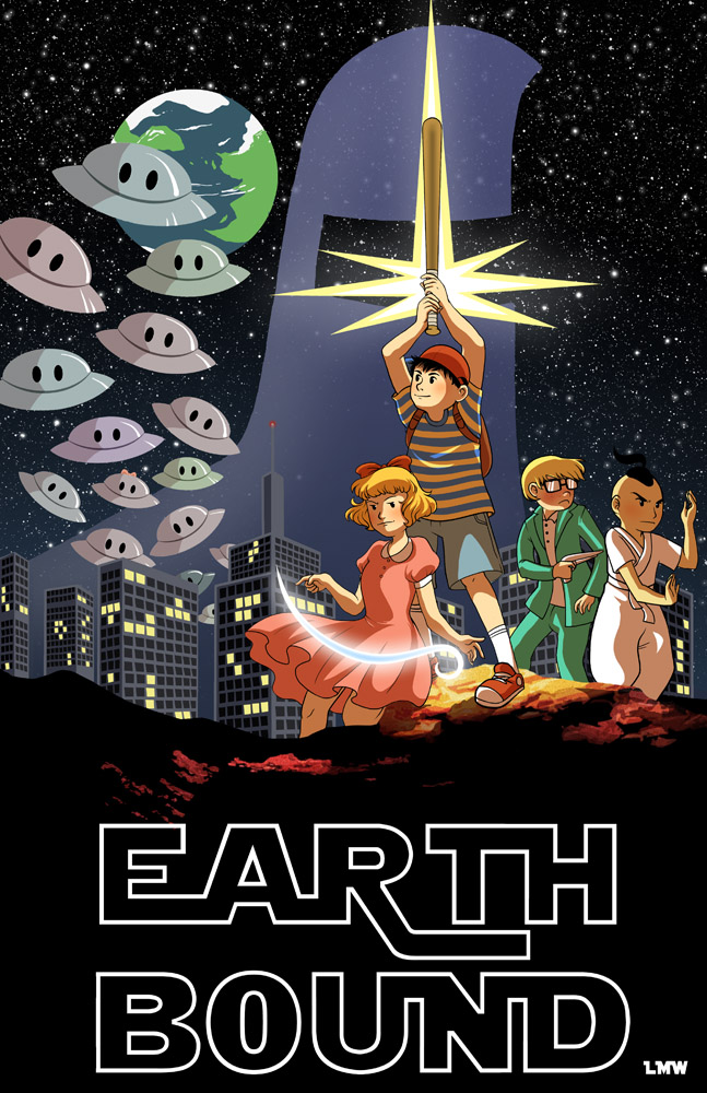 1970s_(style) 1girl 3boys baseball_bat child earth_(planet) english_text formal_clothes jeff_andonuts laura_wilson mother_(series) mother_2 multiple_boys ness_(mother_2) nintendo oldschool parody paula_(mother_2) planet poo_(mother_2) poster_(medium) retro_artstyle science_fiction sky star_(sky) star_wars starman starman_(mother) starry_sky suit ufo