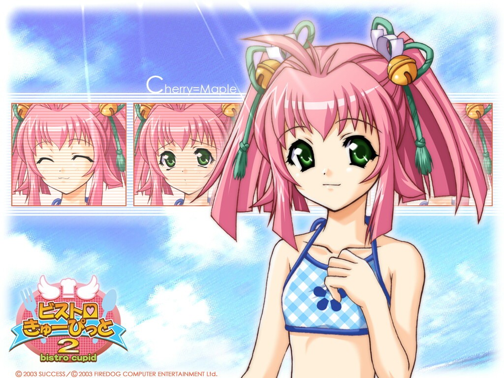 00s 1girl 2003 ahoge bell bikini bistro_cupid bistro_cupid_(series) bistro_cupid_2 blue_bikini character_name cherry_maple copyright_name female_focus green_eyes logo official_art official_wallpaper pandaki_(aki) pink_hair short_hair sidelocks smile solo swimsuit twintails