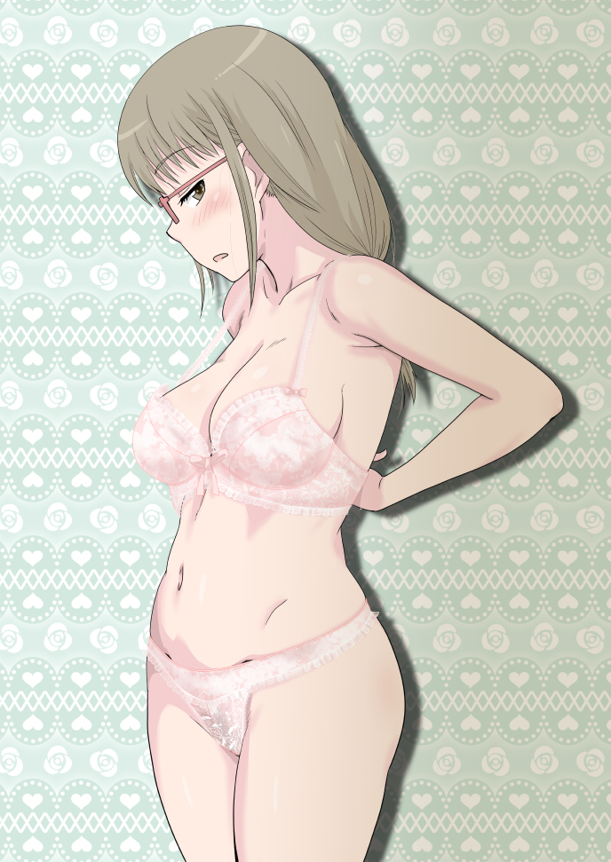 1girl adjusting_bra adjusting_clothes arms_behind_back blush bow bow_bra bra breasts brown_eyes brown_hair cleavage cowboy_shot floral_background glasses green_background groin half-closed_eyes heart lace lace-trimmed_bra lace-trimmed_panties lace_trim large_breasts light_frown looking_at_viewer medium_breasts minpei_ichigo navel open_mouth panties pink-framed_eyewear shadow solo soredemo_machi_wa_mawatteiru standing sweatdrop tatsuno_toshiko underwear underwear_only white_bra white_panties