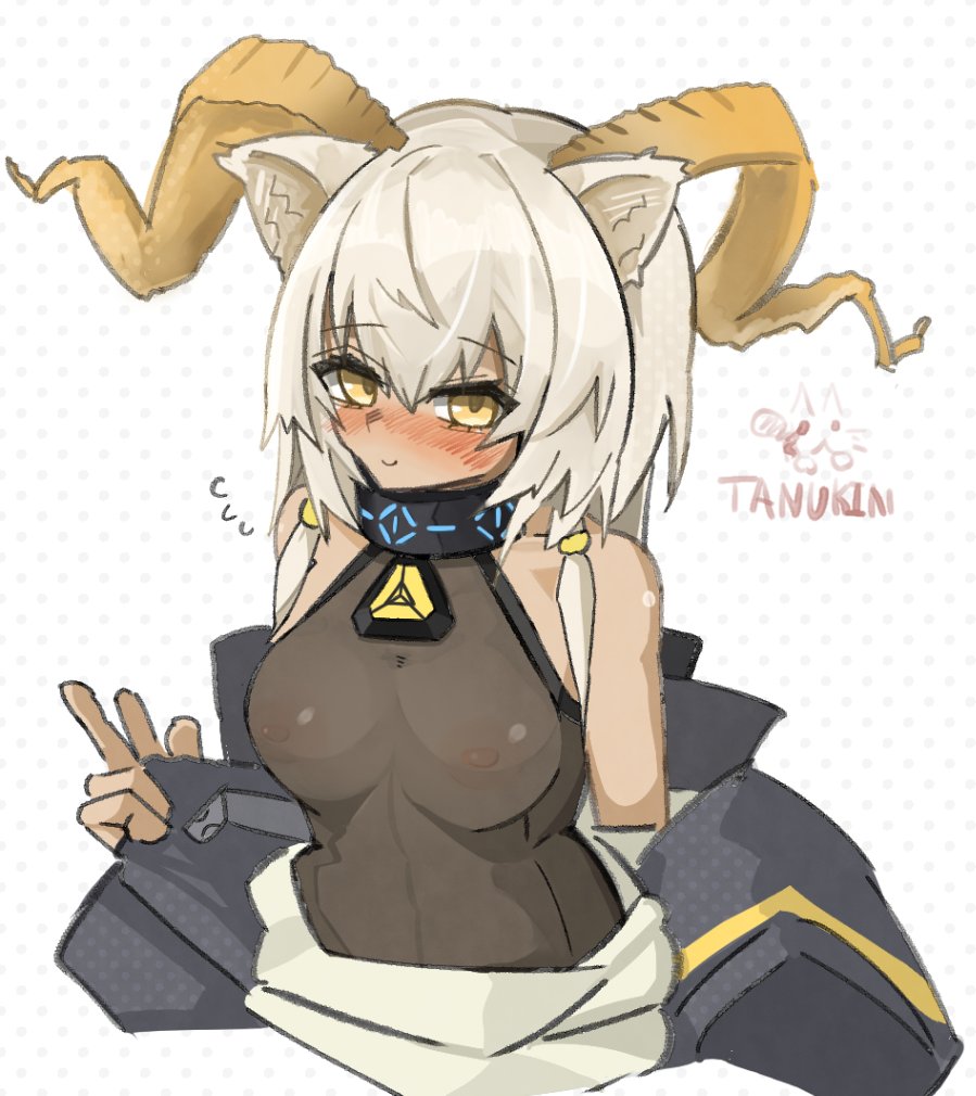 1girl animal_ears arknights artist_request beeswax_(arknights) breasts coat horns infection_monitor_(arknights) see-through_clothes sketch solo yellow_eyes