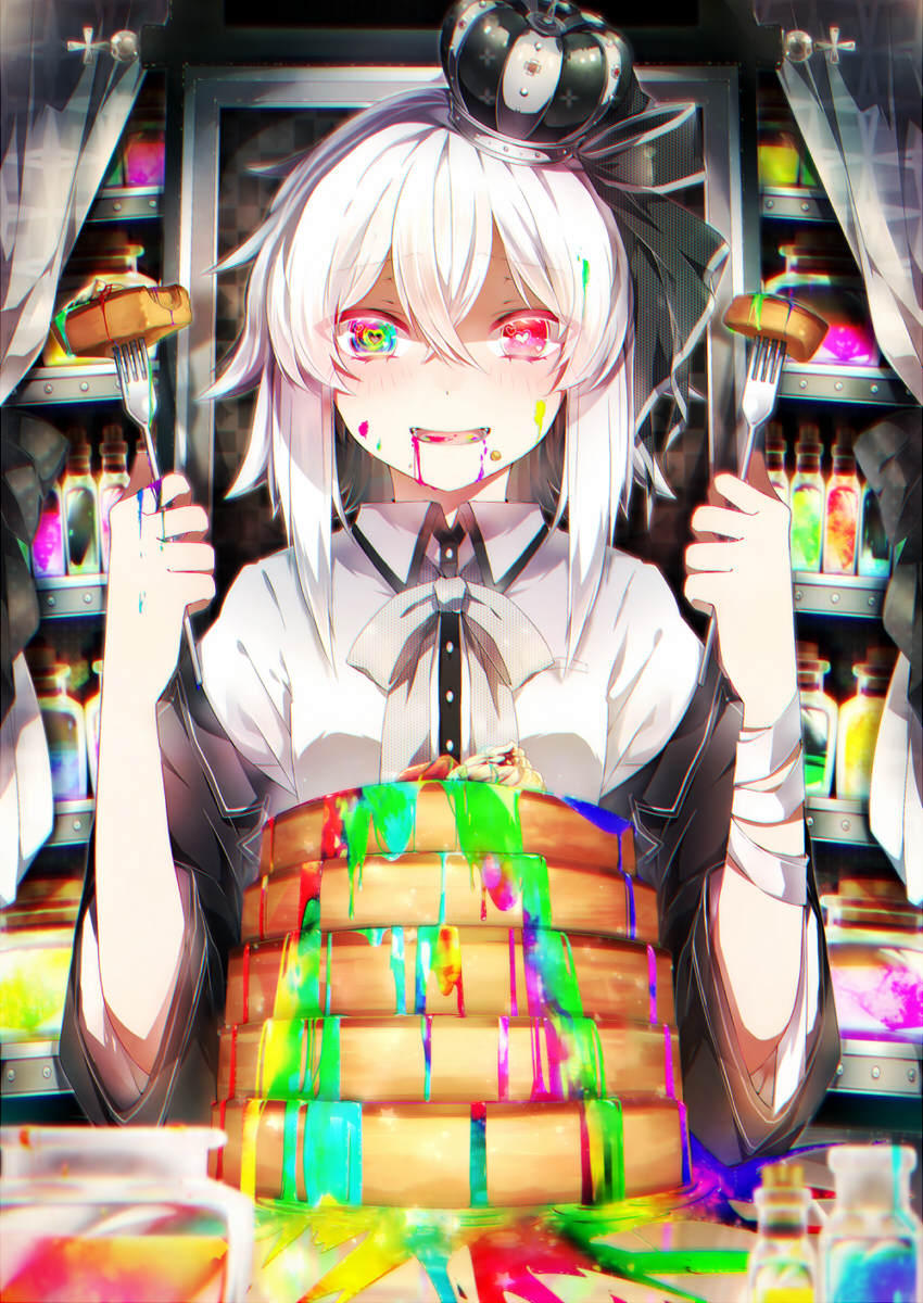 1girl :d aka_tonbo_(lililil) bandages blurry blush cake chromatic_aberration colorful crown depth_of_field female_focus food food_on_face fork hair_ribbon heart heart-shaped_pupils heterochromia highres jar multicolored_eyes open_mouth original rainbow_eyes red_eyes ribbon short_hair smile solo symbol-shaped_pupils white_hair