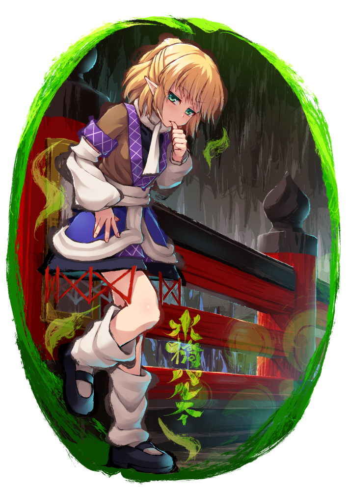 1girl arm_warmers biting biting_own_thumb black_dress black_shoes blonde_hair blush border breasts bridge brown_shirt cave_interior commentary_request dress full_body green_eyes half_updo looking_at_viewer loose_socks mary_janes mizuhashi_parsee pointy_ears round_image sash scarf shirt shoes short_hair short_sleeves small_breasts socks solo touhou umarutsufuri white_border white_sash white_scarf white_socks
