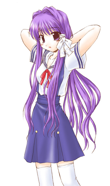 1girl 2004 :o arms_behind_head blue_skirt clannad female_focus fujibayashi_kyou hair_ribbon long_hair mizuna_(water_emp-tei) purple_eyes purple_hair red_ribbon ribbon school_uniform serafuku short_sleeves simple_background skirt solo suspender_skirt suspenders thighhighs tress_ribbon very_long_hair white_background white_ribbon white_thighhighs zettai_ryouiki